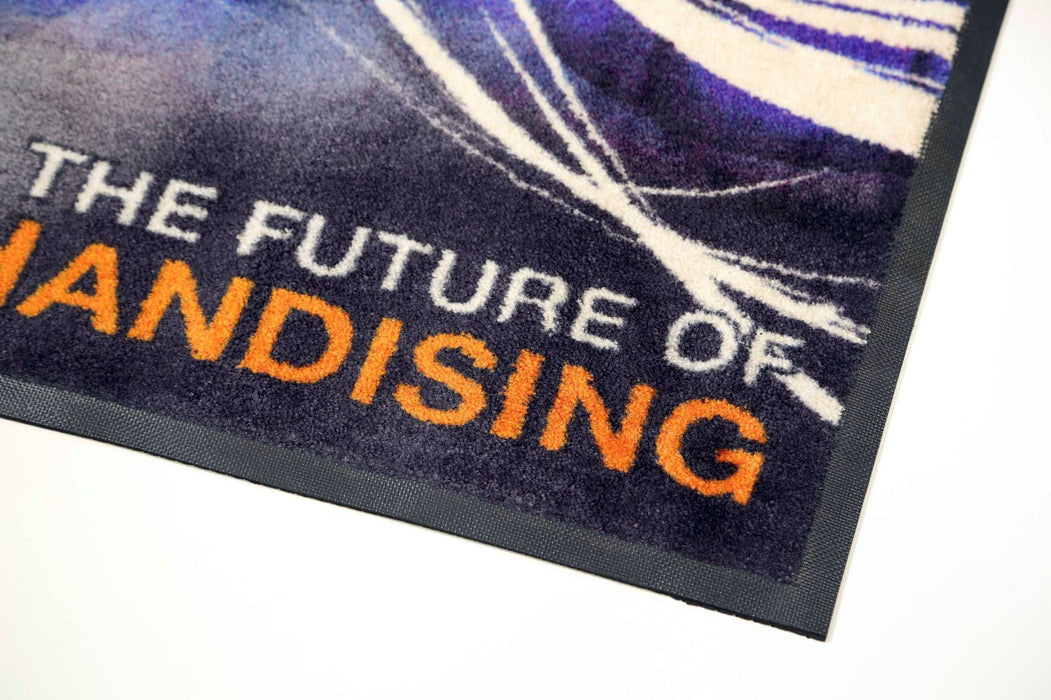 Corner image of the rubber edging on the high def printed mat.