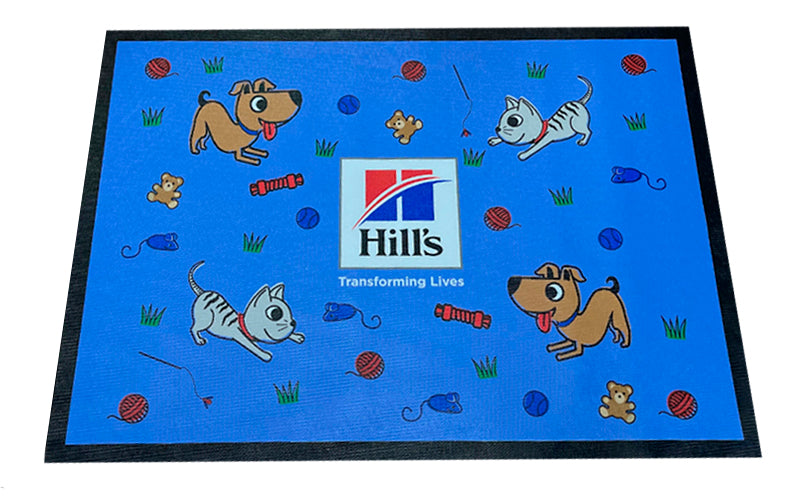 Full product image of the rubber promotional logo mat for a veterinary clinic or pet store. 