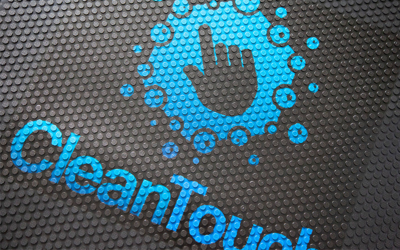 Blue printed logo on the rubber scraper logo mat